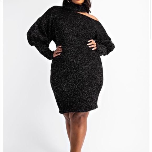 Woman's Size 3X Black Shimmer High Neck Open Shoulder Sweater Dress Fits 22W 24W - Picture 5 of 6